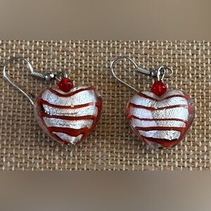 Red And Silver Foil Art Glass Heart Earrings